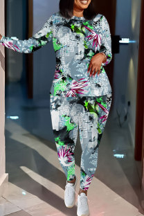 Black Gray Casual Floral Print Contrast O Neck Long Sleeve Two Pieces