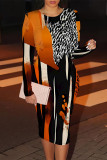 Black Elegant Geometric Print Contrast O Neck Printed Dresses