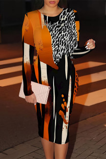 Black Orange Elegant Geometric Print Contrast O Neck Printed Dresses
