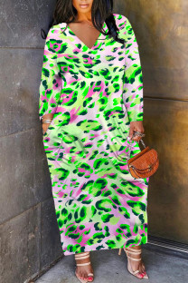 Pink Green Casual Leopard Print Snakeskin Print Pocket Contrast V Neck Printed Plus Size Dresses