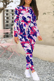 Gray Blue Casual Geometric Print Gradient Contrast O Neck Long Sleeve Two Pieces