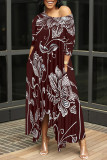 Fuchsia Casual Floral Print Pocket Irregular O Neck Irregular Dresses