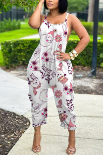 White Casual Cartoon Print Pocket Contrast U Neck Loose Jumpsuits
