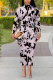 Black Purple Elegant Geometric Print Flowers Contrast Turtleneck Printed Dresses