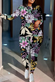 Black Purple Casual Floral Print Contrast O Neck Long Sleeve Two Pieces