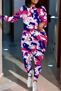 Purple Casual Geometric Print Gradient Contrast O Neck Long Sleeve Two Pieces