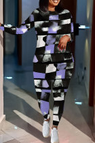 Black Purple Casual Geometric Print Letters Contrast O Neck Long Sleeve Two Pieces