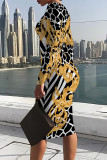 Black Elegant Geometric Print Contrast O Neck Printed Dresses