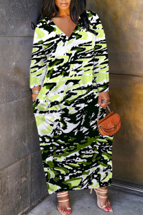 Light Green Casual Leopard Print Snakeskin Print Pocket Contrast V Neck Printed Plus Size Dresses