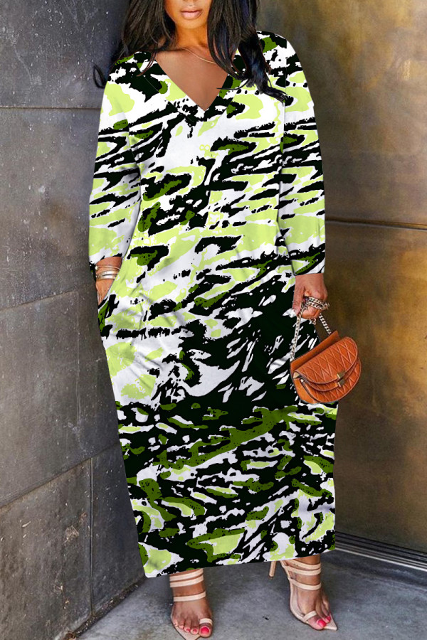Light Green Casual Leopard Print Snakeskin Print Pocket Contrast V Neck Printed Plus Size Dresses
