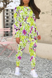 Black Purple Casual Floral Print Contrast O Neck Long Sleeve Two Pieces