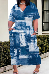 Blue White Street Faux Denim Print Pocket Contrast V Neck Printed Plus Size Dresses
