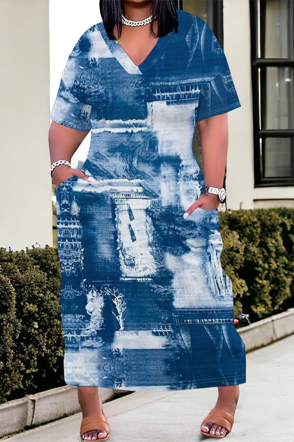 Blue White Street Faux Denim Print Pocket Contrast V Neck Printed Plus Size Dresses