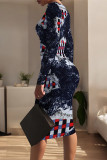 Dark Blue Casual Faux Denim Print Contrast O Neck Printed Dresses
