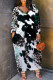 Black And White Casual Leopard Print Snakeskin Print Pocket Contrast V Neck Printed Plus Size Dresses