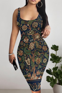 Tibetan Blue Sexy National Totem Flowers Print Contrast U Neck Printed Dresses