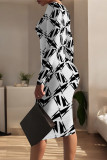Blue Casual Geometric Print Contrast O Neck Printed Dresses