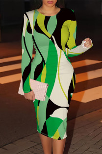 Green Casual Geometric Print Contrast O Neck Printed Dresses