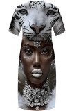 khaki Green Casual Print portrait Pocket Contrast V Neck Printed Plus Size Dresses