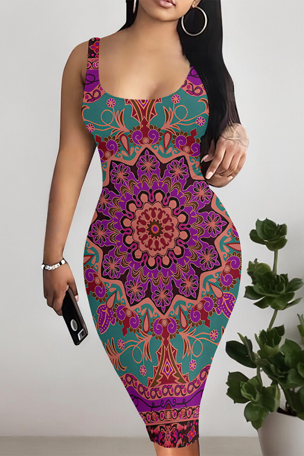 Purple Sexy National Totem Flowers Print Contrast U Neck Printed Dresses