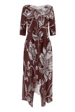 Fuchsia Casual Floral Print Pocket Irregular O Neck Irregular Dresses