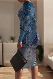 Dark Blue Casual Faux Denim Print Contrast O Neck Printed Dresses