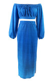 Blue Casual Solid Color High Slit Ruched Strap Design Off Shoulder Long Sleeve Two Pieces