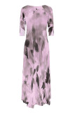 Fuchsia Casual Floral Print Pocket Irregular O Neck Irregular Dresses