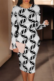 Blue Casual Geometric Print Contrast O Neck Printed Dresses