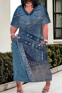 Blue Street Faux Denim Print Pocket Contrast V Neck Printed Plus Size Dresses