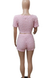 Pink Casual Solid Color Patchwork Strap Design V Neck Short Sleeve Two Pieces