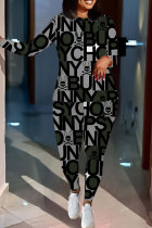 Gray Green Casual Geometric Print Letters Contrast O Neck Long Sleeve Two Pieces