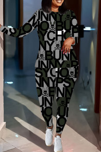 Gray Green Casual Geometric Print Letters Contrast O Neck Long Sleeve Two Pieces