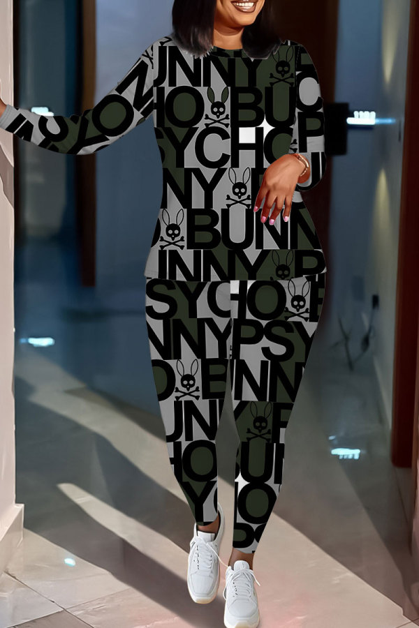 Gray Green Casual Geometric Print Letters Contrast O Neck Long Sleeve Two Pieces