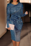 Dark Blue Casual Faux Denim Print Contrast O Neck Printed Dresses