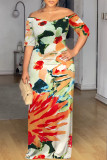 White Blue Sexy Graffiti Print Contrast V Neck Printed Dresses