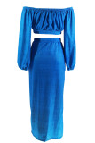 Blue Casual Solid Color High Slit Ruched Strap Design Off Shoulder Long Sleeve Two Pieces