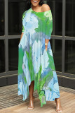 Fuchsia Casual Floral Print Pocket Irregular O Neck Irregular Dresses