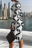Blue Casual Geometric Print Contrast O Neck Printed Dresses