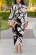Black Pink Elegant Geometric Print Flowers Contrast Turtleneck Printed Dresses
