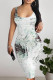 White Green Casual Geometric Print Floral Print Contrast U Neck Printed Dresses