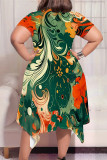 Light Green Casual Geometric Print Pocket Irregular Contrast O Neck Irregular Plus Size Dresses