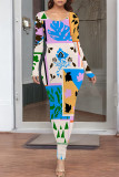 Blue Casual Geometric Print Contrast O Neck One Step Skirt Dresses