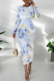 Deep Red Casual Floral Print Contrast O Neck Printed Dresses