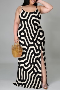 Black khaki Sexy Geometric Print Leopard Slit Contrast U Neck Sling Plus Size Dresses