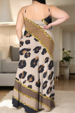 Black And White Sexy Geometric Print Leopard Slit Contrast U Neck Sling Plus Size Dresses