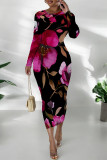 Deep Red Casual Floral Print Contrast O Neck Printed Dresses