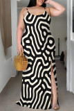 Black And White Sexy Geometric Print Leopard Slit Contrast U Neck Sling Plus Size Dresses