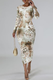 Brownness Elegant Floral Print Tie Dye Contrast O Neck Printed Dresses