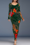 Green Yellow Elegant Geometric Print Flowers Contrast O Neck One Step Skirt Dresses